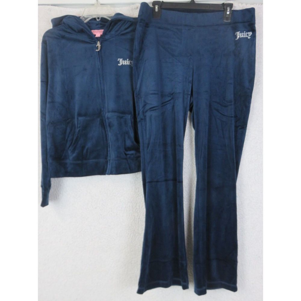 Womens Vintage Y2K Juicy Couture Blue Velour Velvet Track Suit Jacket XL Pant L